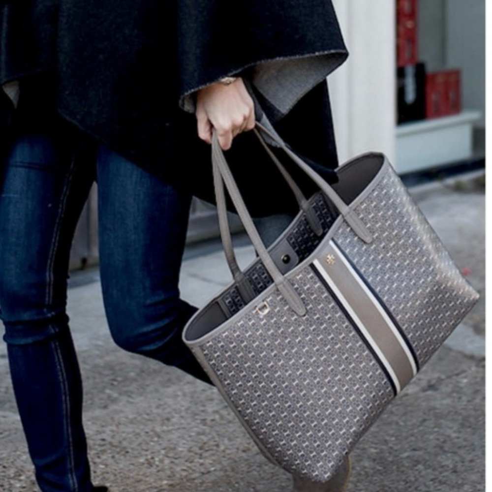 Tory Burch Geo Logo Stripe Tote Bag EUC - Picture 4 of 14